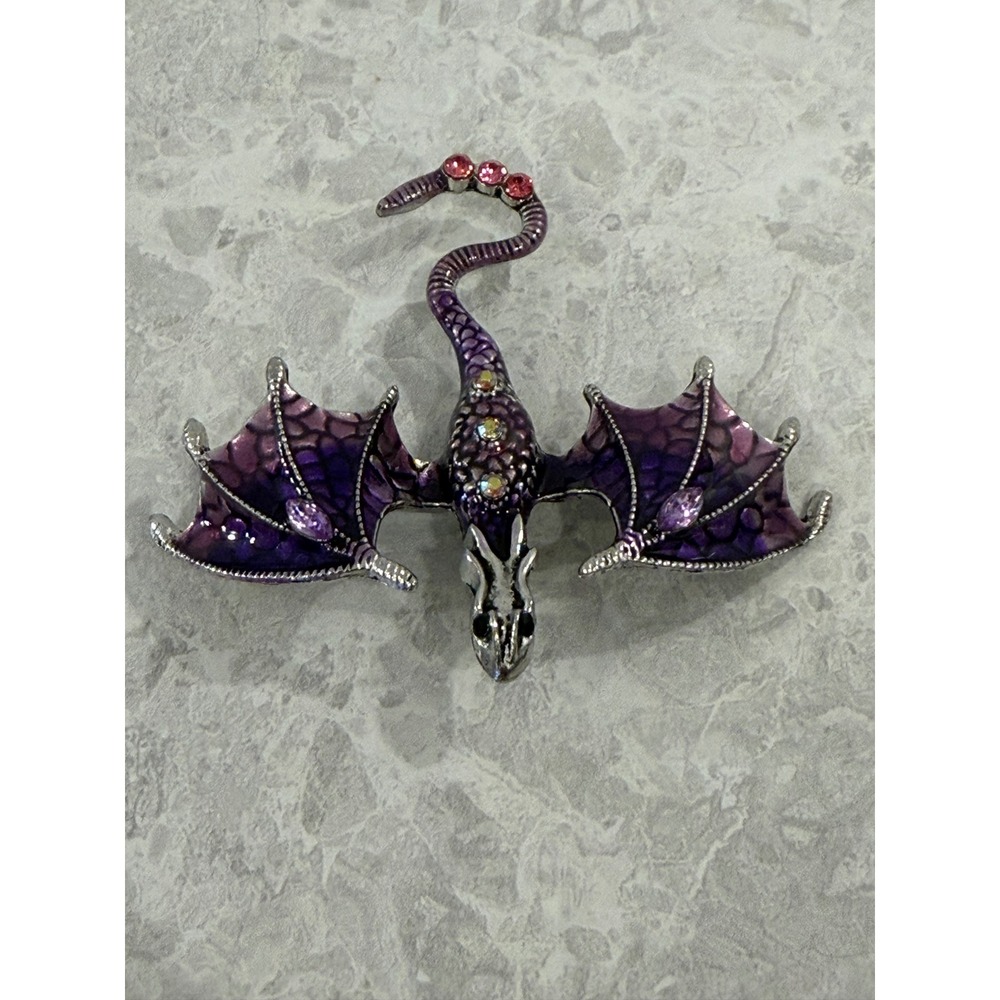 Purple Enamel Dragon Brooch Pin Silver Tone Fantasy Mythical Rhinestone Jewelry